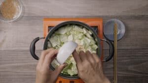 Putting ingredients into pot of cabbage